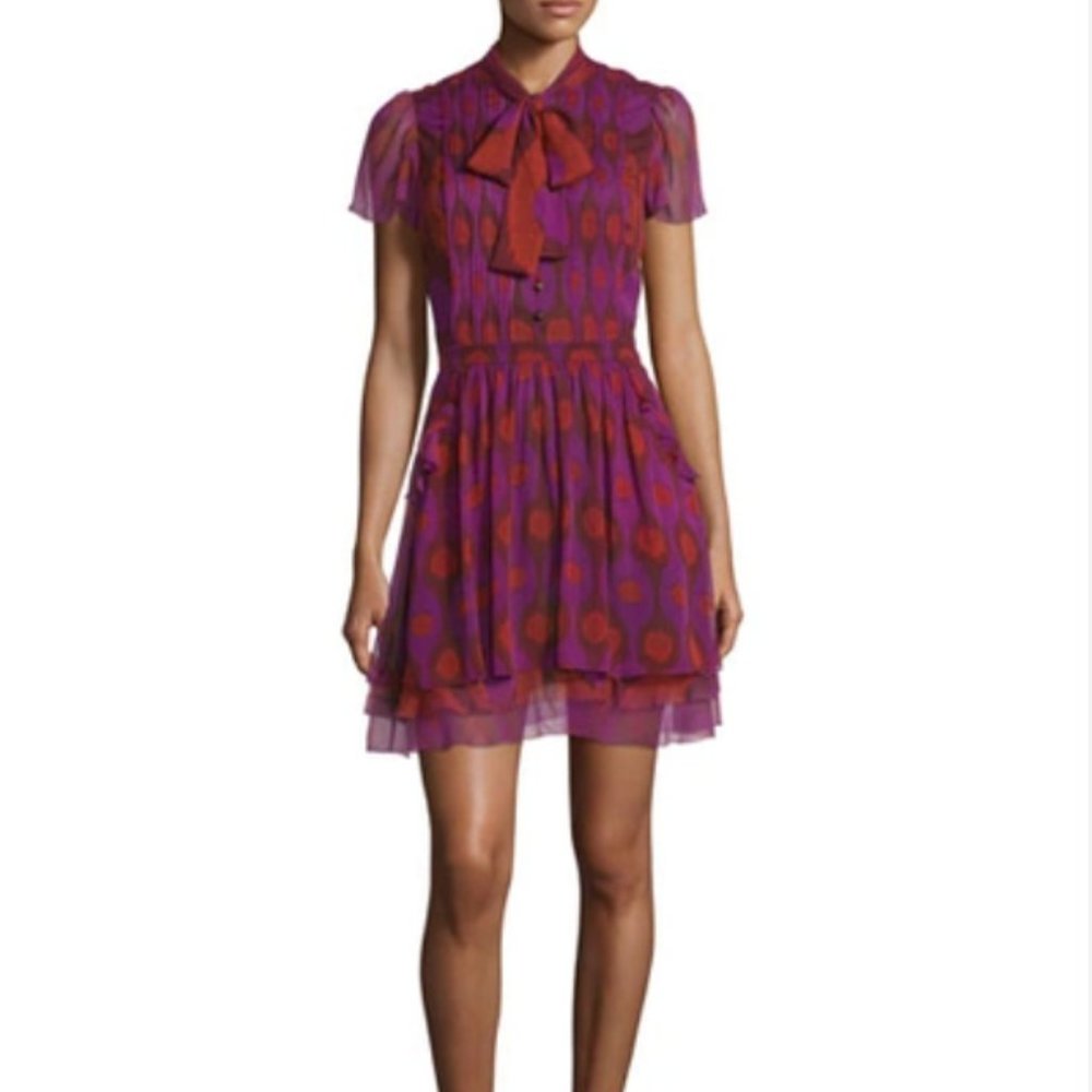 NWT DVF Marisa Printed Silk Tie-neck Dress, Parry Petite Amethyst